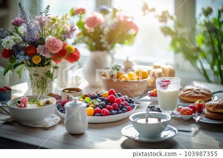Breakfast table, brimming with fresh fruit, berries, warm bread, and flowers, bathed in the soft glow of bright daylight 103987355