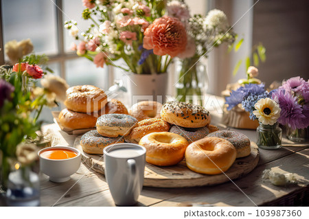 A delightful breakfast scene featuring an assortment of mouthwatering donuts, a steaming cup of coffee, fresh flowers, and the gentle glow of morning sunlight 103987360