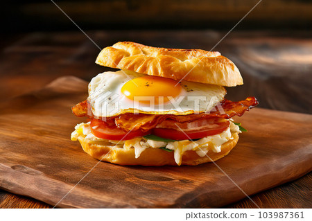 Delicious bacon, egg, cheese, and tomato breakfast sandwich on a croissant roll, beautifully presented on a wooden cutting board 103987361