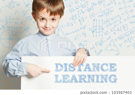 Child boy pupil with billboard. Concept distant learning, e-learning, internet education 103987403