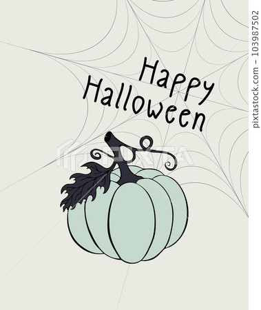 Happy Halloween card with green pumpkin and spider web. 103987502