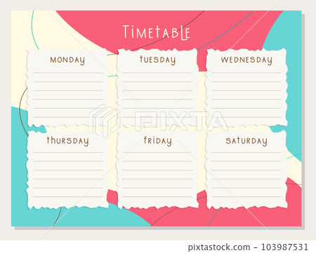Back to school Timetable. Classroom timetable boho style. Plan note education. Planner, table class, template. Organizer paper weekly.  103987531