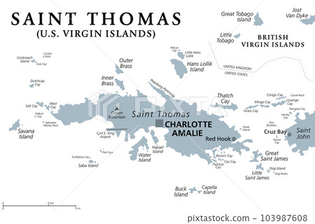 Saint Thomas, United States Virgin Islands, gray political map. One of the three largest islands of the USVI. The territorial capital and port of Charlotte Amalie is also located on the island. Vector 103987608
