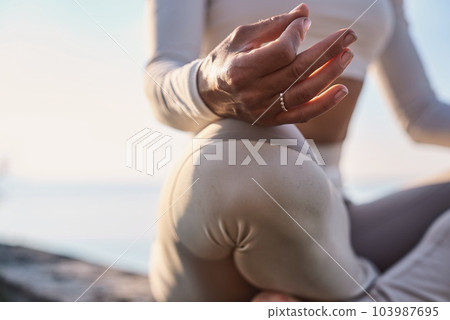 Young woman doing yoga in nature. Female wearing sport clothes in lotus figure. Young woman doing yoga in nature. Female wearing sport clothes in lotus figure. 103987695