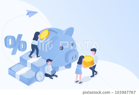 The concepts of money saving, accumulation, and financial management. Business people putting coins into a piggy bank.  103987767