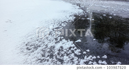 Ice on frozen pond with crystalline snow patches - close up. Ice on frozen pond with crystalline snow patches - close up. 103987820