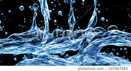 Splashing of Hyaluron gel. Liquid hyaluronic acid gel on macro. Hyaluronic acid cosmetic gel. Bubbles Gel texture on skin black background. Textured background with oxygen bubbles. skin care product 103987884