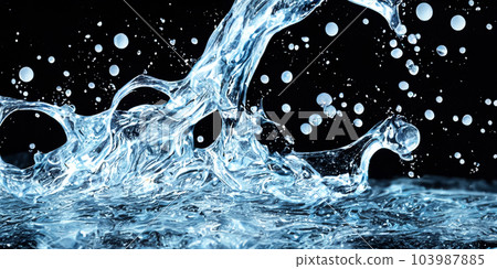 Splashing of Hyaluron gel. Liquid hyaluronic acid gel on macro. Hyaluronic acid cosmetic gel. Bubbles Gel texture on skin black background. Textured background with oxygen bubbles. skin care product 103987885