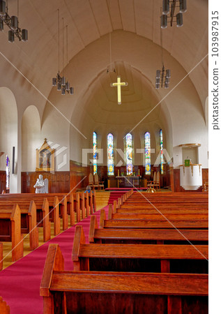 Interior of Akureyrarkirkja Lutheran Church in Akureyri, Iceland 103987915