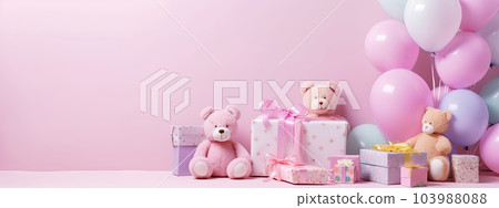 Various present boxes with bows and soft teddy bears near inflatable balloons in corner of room wrapped gifts prepared for little birthday girl near pink wall .generative AI Various present boxes with bows and soft teddy bears near inflatable balloons in corner of room wrapped gifts prepared for little birthday girl near pink wall .generative AI 103988088