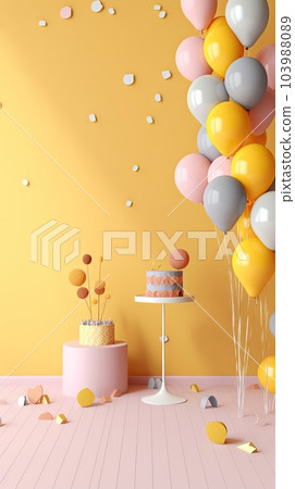 Delicious biscuit cakes with lollipops standing on light pink floor near colorful inflatable balloons with strings sweet desserts prepared for birthday party near orange wall .generative AI Delicious biscuit cakes with lollipops standing on light pink floor near colorful inflatable balloons with strings sweet desserts prepared for birthday party near orange wall .generative AI 103988089