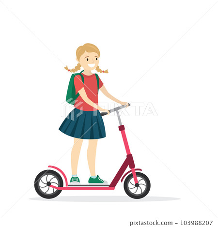 Caucasian girl on a scooter,active teenager isolated on white ba Caucasian girl on a scooter,active teenager isolated on white ba 103988207