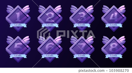 Game badges with level number. Level results vector icon design for the game, UI, banner, design for app, interface, game development Game badges with level number. Level results vector icon design for the game, UI, banner, design for app, interface, game development 103988270