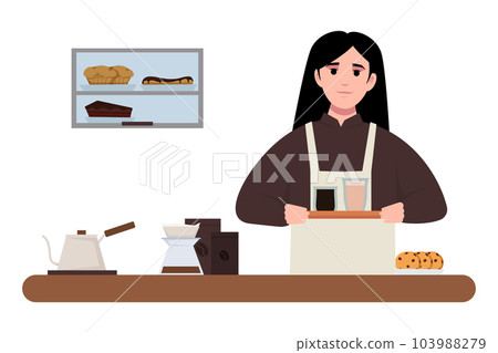 Coffee Business Concept. Barista making coffee and serving of hot coffee in cafe. Cafe bar background. hand drawn style vector design illustrations. 103988279