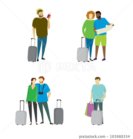 Different people travelers with suitcases. Different people travelers with suitcases. 103988334