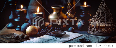 Vintage still life with old book, magic lamp and burning candles. Generative AI 103988503