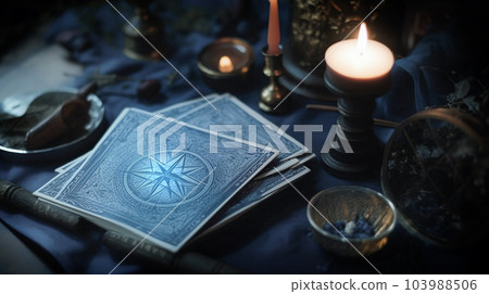 Tarot cards on fortune teller table. future reading concept. Generative AI 103988506