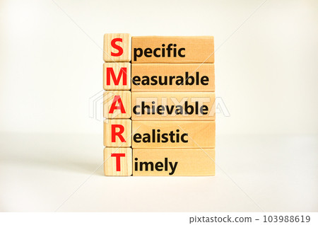 SMART symbol. Concept words SMART specific measurable achievable realistic timely on wooden block. Beautiful white background. Business SMART specific measurable achievable realistic timely concept. SMART symbol. Concept words SMART specific measurable achievable realistic timely on wooden block. Beautiful white background. Business SMART specific measurable achievable realistic timely concept. 103988619