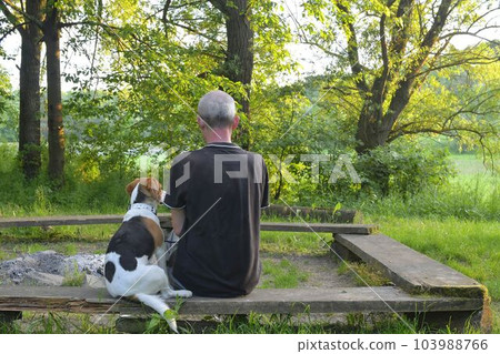 Senior man with his dog sitting on a bench in nature. Concept of loyalty and friendship between man and dog. Senior man with his dog sitting on a bench in nature. Concept of loyalty and friendship between man and dog. 103988766