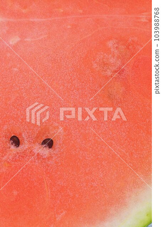 Slice of ripe watermelon in water. Close-up of watermelon in liquid with bubbles. Ripe red melon in sparkling water. Macro vertical image of melon in carbonated water. 103988768