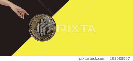 Hand and bitcoin coin, banner with copy space for text Hand and bitcoin coin, banner with copy space for text 103988997