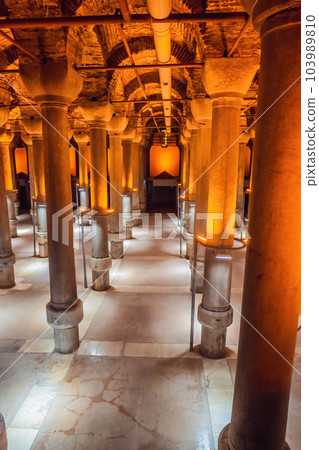 Beautiful cistern in Istanbul. Cistern - underground water reservoir build in 6th century, Istanbul, Turkey, Turkiye Beautiful cistern in Istanbul. Cistern - underground water reservoir build in 6th century, Istanbul, Turkey, Turkiye 103989810