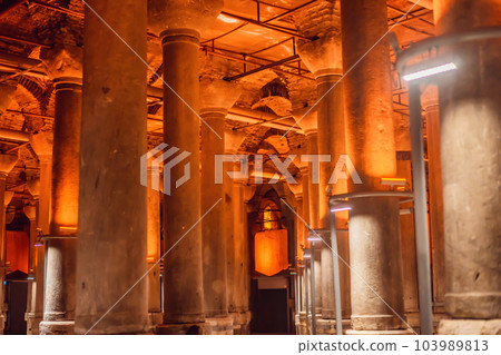Beautiful cistern in Istanbul. Cistern - underground water reservoir build in 6th century, Istanbul, Turkey, Turkiye 103989813