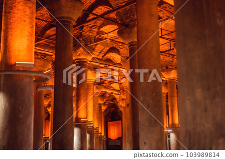 Beautiful cistern in Istanbul. Cistern - underground water reservoir build in 6th century, Istanbul, Turkey, Turkiye Beautiful cistern in Istanbul. Cistern - underground water reservoir build in 6th century, Istanbul, Turkey, Turkiye 103989814