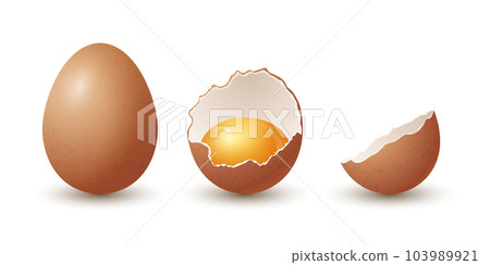 Vector 3d Realistic Brown Chicken Eggs. Textured Whole and Broken Cracked Chicken Egg, Two Parts, Opened Crack Raw Chicken Egg With Yolk Isolated. Vector Eggs Isolated. Whole, Half Egg in Front View Vector 3d Realistic Brown Chicken Eggs. Textured Whole and Broken Cracked Chicken Egg, Two Parts, Opened Crack Raw Chicken Egg With Yolk Isolated. Vector Eggs Isolated. Whole, Half Egg in Front View 103989921