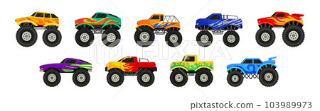 Monster Trucks and Heavy Cars with Large Tires and Black Tinted Windows Vector Set Monster Trucks and Heavy Cars with Large Tires and Black Tinted Windows Vector Set 103989973