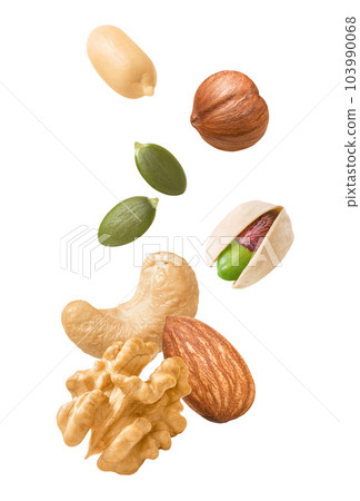 Peeled peanut, hazelnut, green pumpkin seeds, pistachio, cashew, walnut and almond isolated Peeled peanut, hazelnut, green pumpkin seeds, pistachio, cashew, walnut and almond isolated 103990068