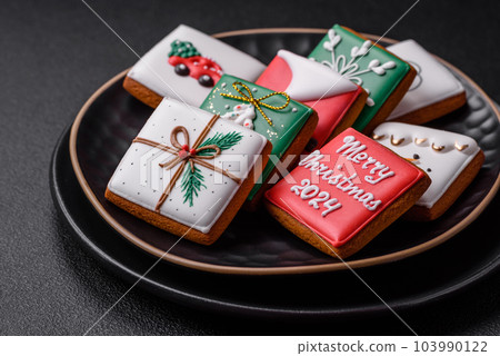Delicious fresh sweet Christmas gingerbread with festive ornaments 103990122