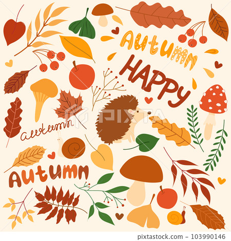 An autumn set of objects of the autumn forest time in the flat style is isolated on a white background. 103990146