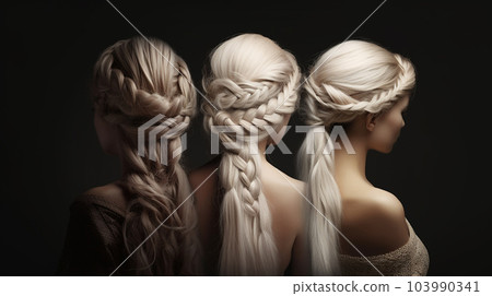 Collage of beautiful long braided blonde hair. Hairdresser salon concept. White Braided hairstyle. Collage of Women with long creative hairstyle.  AI generated 103990341