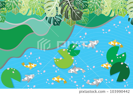 Illustration abstract pink petals floating on the pond with fish and leaves. Illustration abstract pink petals floating on the pond with fish and leaves. 103990442