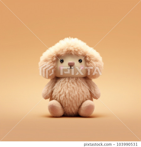 Cute soft toy sheep on orange background, retro toned image. Plush beige toy, soft focus. Tiny fluffy toy sitting on beige background. Handcrafted cute toy. Children's toys concept. AI generated 103990531