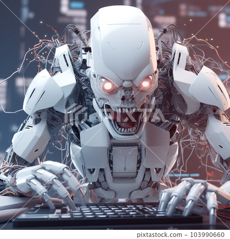Angry Monster Robot working on a laptop in an apartment. Scary Cyborg sitting in front of a monitor. Made Humanoid working with a computer. Technology and AI concept. AI Generated 103990660