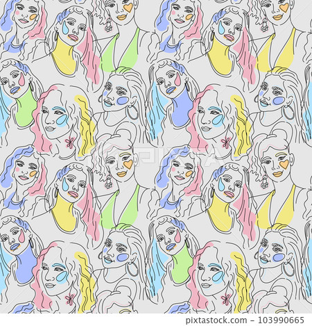 Vector seamless pattern. Continuous line art with woman face. Linear nature background. Use for package, cosmetics, decor. Fashion concept, feminine beauty minimalist. Vector seamless pattern. Continuous line art with woman face. Linear nature background. Use for package, cosmetics, decor. Fashion concept, feminine beauty minimalist. 103990665