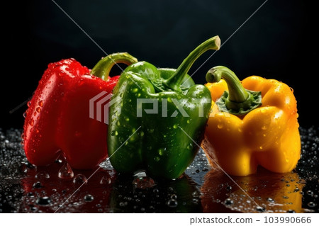 Group of colorful pepper with drops of water on black background. Generative AI 103990666