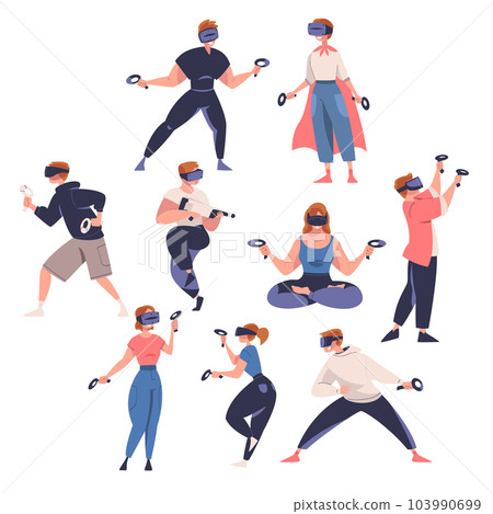 Augmented Reality with People Characters in Virtual Reality Glasses Playing Game on Simulator Vector Set 103990699