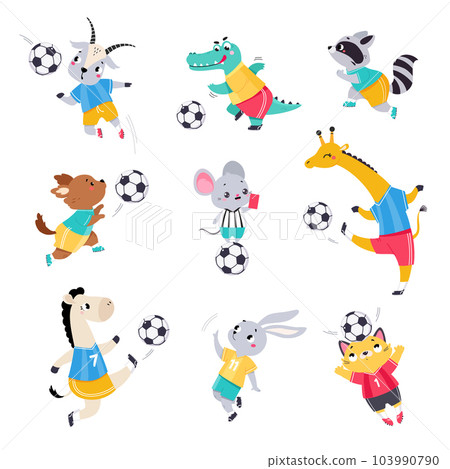 Funny Animal Characters Playing Football Wearing Uniform Passing Ball Vector Set 103990790
