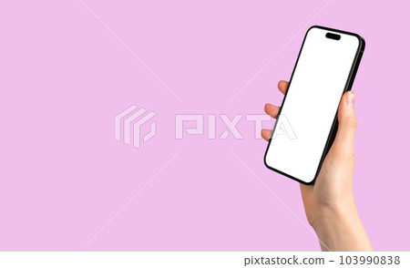 Lodz, Poland June 14 2023 hand holding iphone 14 pro max phone mock-up, screen mockup. Pink banner for text Lodz, Poland June 14 2023 hand holding iphone 14 pro max phone mock-up, screen mockup. Pink banner for text 103990838