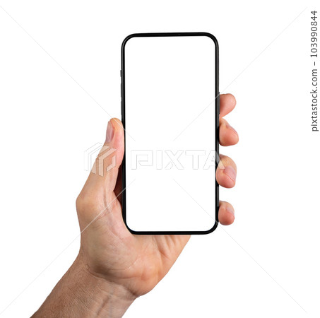 Male hand holding smart phone mock-up, screen mockup isolated on white background 103990844