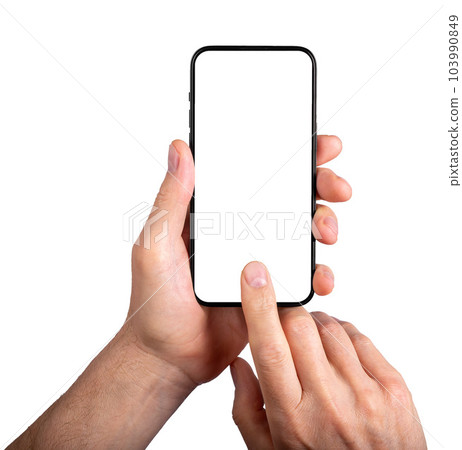 Hand holding mobile phone, finger clicking on blank screen mock-up, tapping ok on display, isolated on white background 103990849