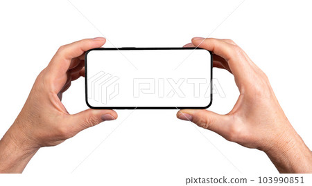 Two hands holding smartphone, blank screen mockup frame, isolated on white background 103990851