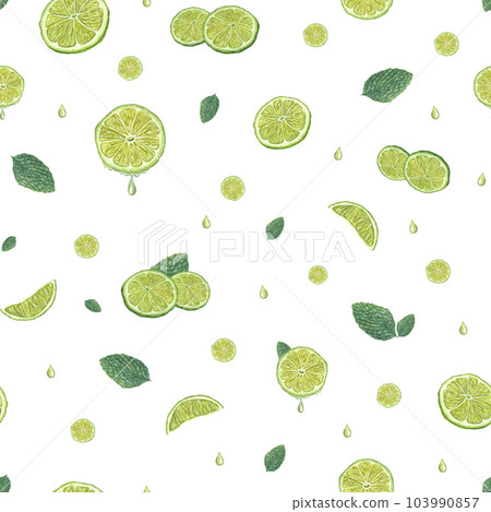 Seamless pattern of fresh lime slices, green mint leaves isolated on white background. Botanical watercolor illustration for card design, menu, textile, print, poster 103990857