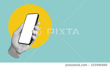 Hand holding smart phone mockup, screen mock-up. Banner background with copy space for text 103990860