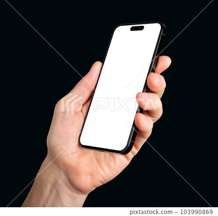 Lodz, Poland May 14 2023 hand holding iphone 14 pro smart phone mockup, screen mock-up isolated on white background 103990869