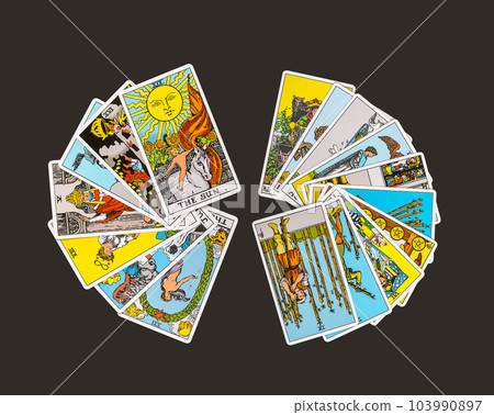 Lodz Poland June 11 2023 Major and minor arcanas isolated on white background Lodz Poland June 11 2023 Major and minor arcanas isolated on white background 103990897