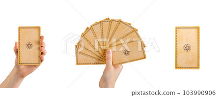 Lodz Poland June 11 2023 Tarot cards in hand back view, backside set isolated on white background 103990906